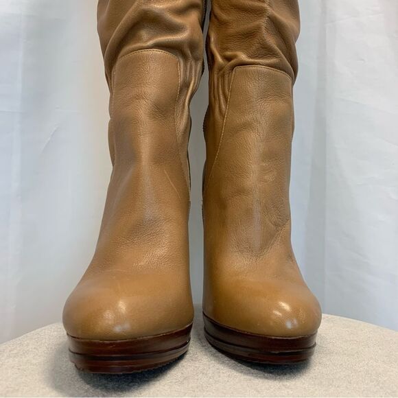 MICHAEL Kors camel brown leather high heel platform slouchy ruched boots Sz 10 - Picture 7 of 13
